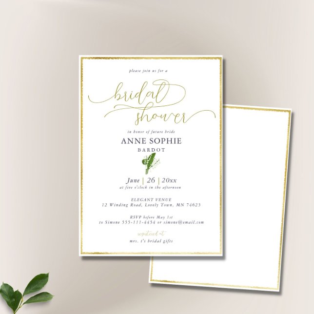 Invitación Elegante caligrafía Lily Valley Gold Frame Bridal (Subido por el creador)