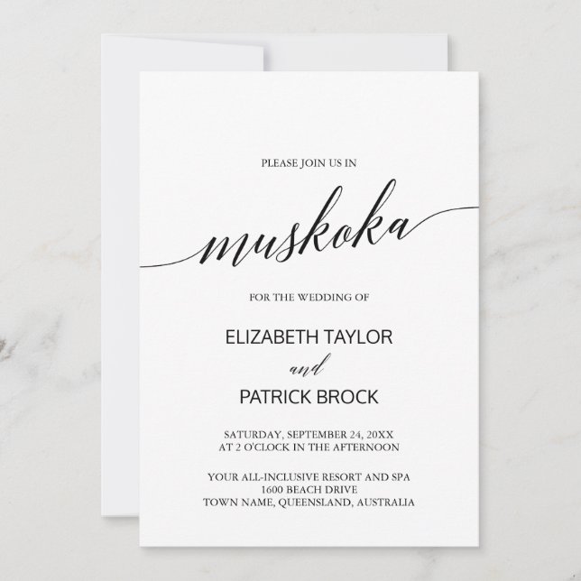 Invitación Elegante caligrafía Matrimonio de destino Muskoka (Anverso)