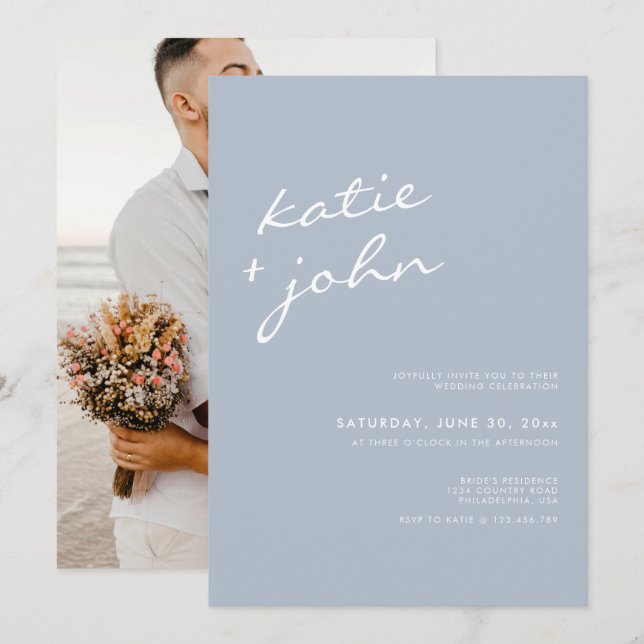 Invitación Elegante caligrafía Minimalista Boda azul turbio (Anverso / Reverso)