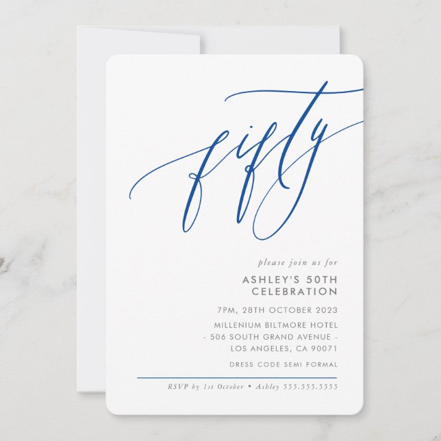 Invitación ELEGANTE caligrafía moderna 50° azul real fiesta (Anverso)