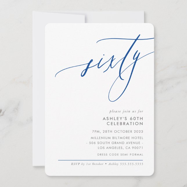 Invitación ELEGANTE caligrafía moderna 60.º azul real fiesta (Anverso)