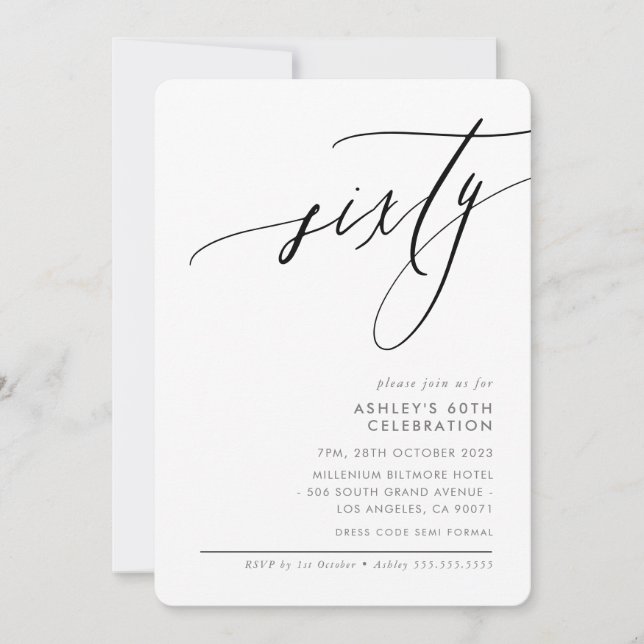 Invitación ELEGANTE caligrafía moderna 60.º fiesta en blanco (Anverso)