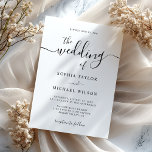 Invitación Elegante caligrafía moderna Boda blanco y negro<br><div class="desc">Da una impresión duradera con esta eterna invitación a la boda blanca y negra con una caligrafía elegante. La combinación de colores clásicos y tipos de letra modernos hará que sus huéspedes sepan que su boda es un lugar elegante. Esta invitación es perfecta para las parejas que aprecian un toque...</div>