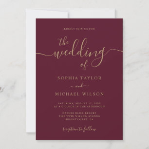 Invitación Elegante caligrafía moderna Borgoña y Boda de oro