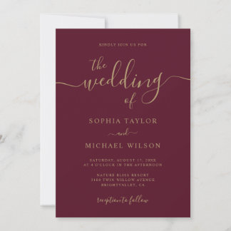 Invitación Elegante caligrafía moderna Borgoña y Boda de oro
