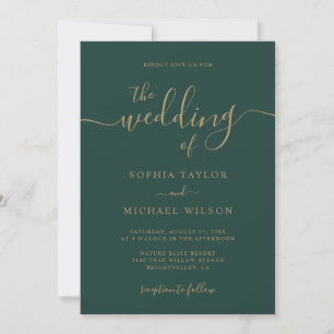 Invitación Elegante caligrafía moderna Esmeralda y Boda de or