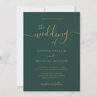 Invitación Elegante caligrafía moderna Esmeralda y Boda de or