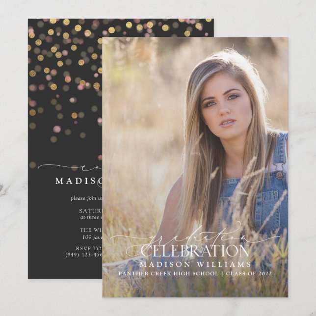 Invitación Elegante Caligrafía Moderna Foto Graduada (Anverso / Reverso)