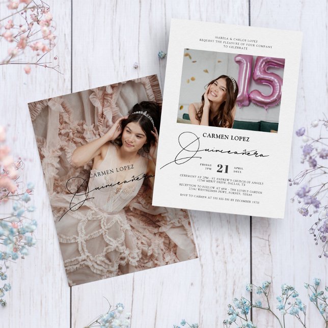 Invitación Elegante caligrafía moderna Foto Quinceanera (Subido por el creador)