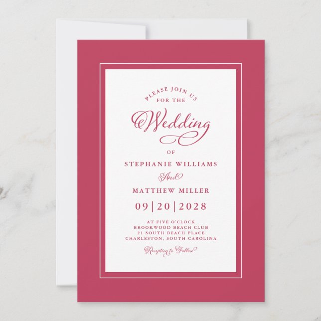 Invitación Elegante Caligrafía Moderna Magenta Rojo Boda (Anverso)