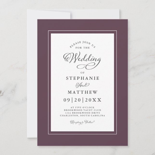 Invitación Elegante caligrafía moderna púrpura y Boda blanco (Anverso)
