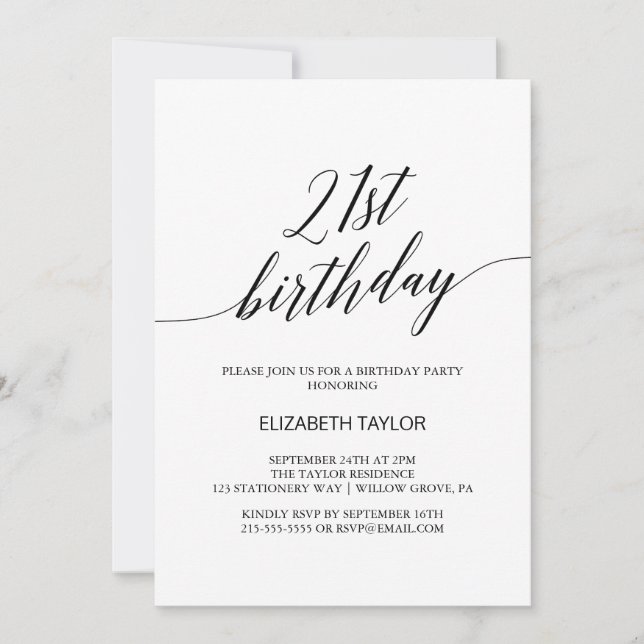 Invitación Elegante caligrafía negra 21 cumpleaños (Anverso)