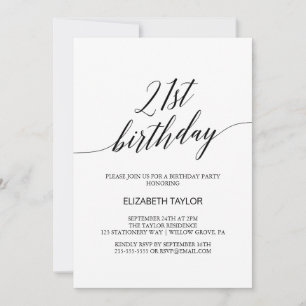 Invitación Elegante caligrafía negra 21 cumpleaños