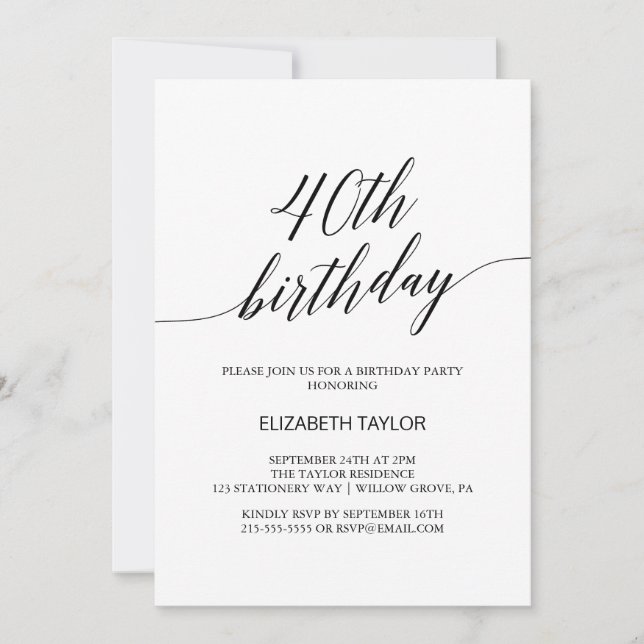 Invitación Elegante caligrafía negra 40 cumpleaños (Anverso)
