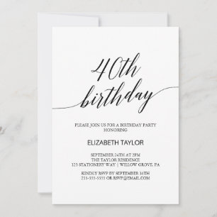Invitación Elegante caligrafía negra 40 cumpleaños