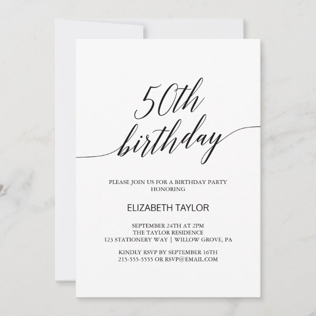 Invitación Elegante caligrafía negra 50 cumpleaños (Anverso)