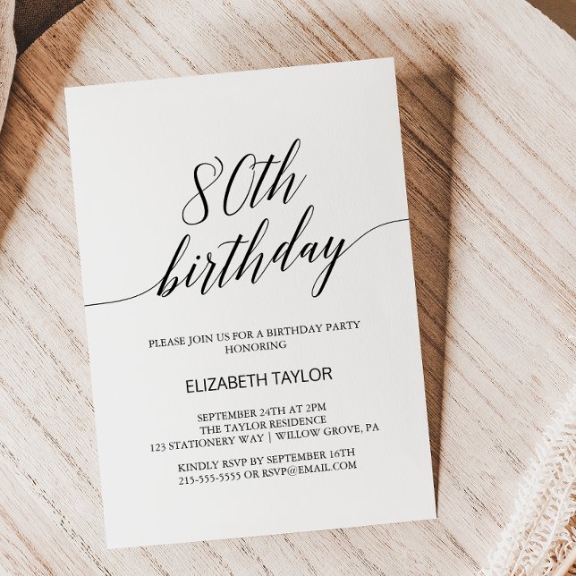 Invitación Elegante caligrafía negra 80 cumpleaños (Subido por el creador)