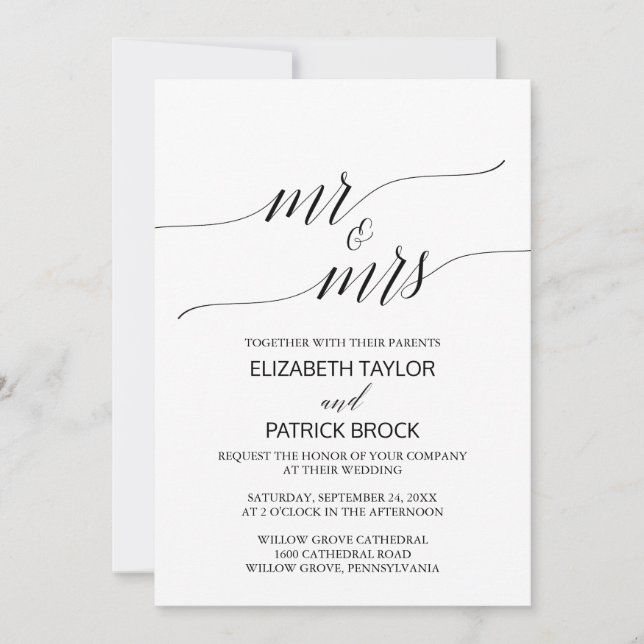 Invitación Elegante caligrafía negra blanca "Sr. y Sra." Boda (Anverso)