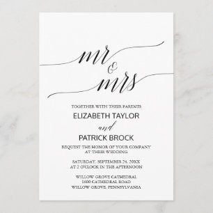 Invitación Elegante caligrafía negra blanca "Sr. y Sra." Boda