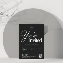 Invitación Elegante caligrafía negra QR Apertura comercial