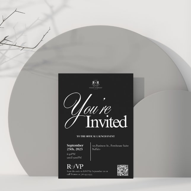Invitación Elegante caligrafía negra QR Apertura comercial (Subido por el creador)