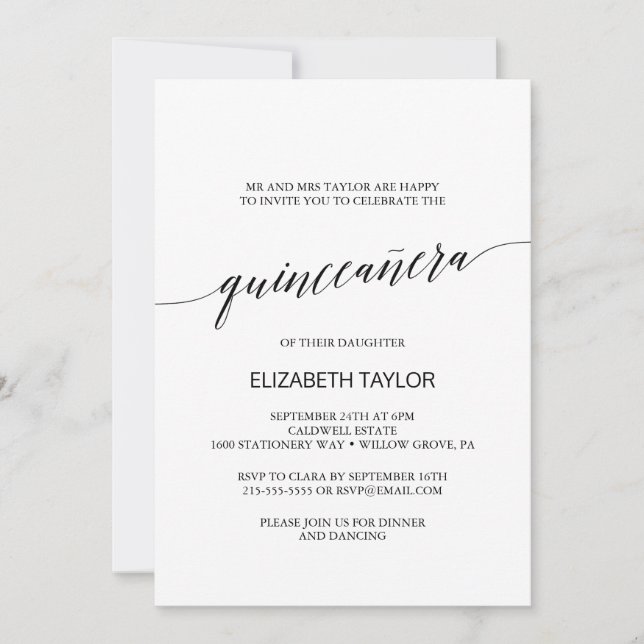 Invitación Elegante caligrafía negra Quinceañera (Anverso)