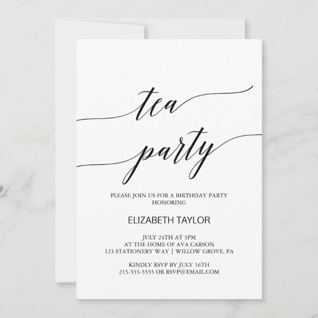 Invitación Elegante caligrafía negra Tea Fiesta Cumpleaños (Anverso)