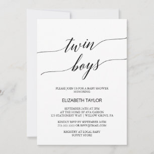 Invitación Elegante caligrafía negra Twin Boys Baby Shower