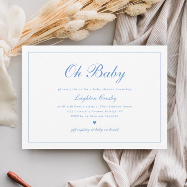 Invitación Elegante caligrafía Oh Baby Boys Baby Shower (Elegant Calligraphy Minimal Boys Oh Baby Baby Shower Invitation.)