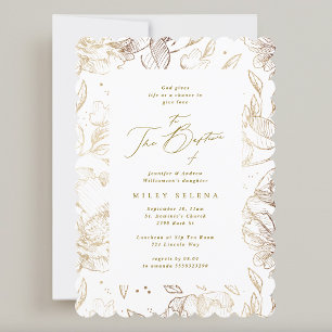 Invitación Elegante caligrafía Oro Floral Baptismo Botánico