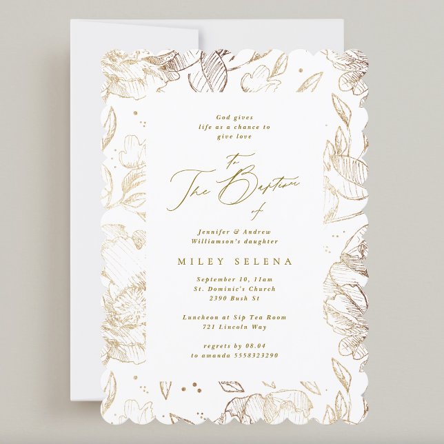 Invitación Elegante caligrafía Oro Floral Baptismo Botánico (Subido por el creador)