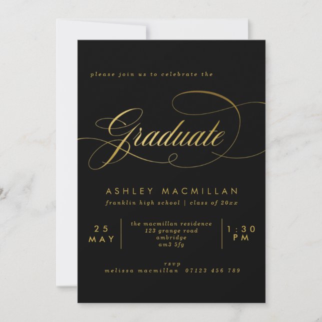 Invitación Elegante Caligrafía Partido de Graduación Negra y  (Anverso)