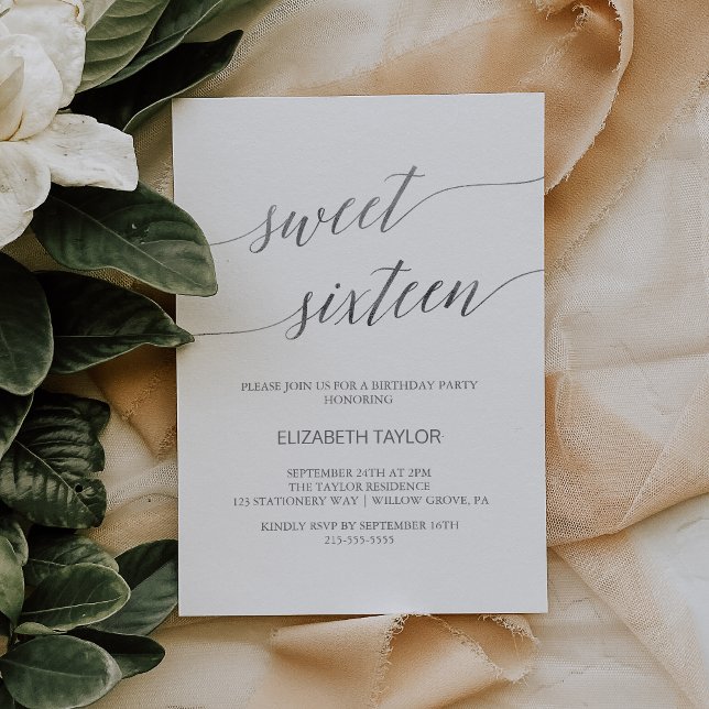 Invitación Elegante caligrafía plateada dulce dieciséis (Subido por el creador)