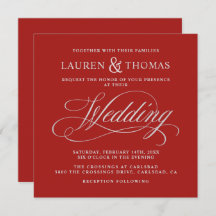 Elegante caligrafía plateada en rico Boda rojo