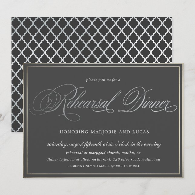 Invitación elegante caligrafía plateada Ensayo Cena (Anverso / Reverso)