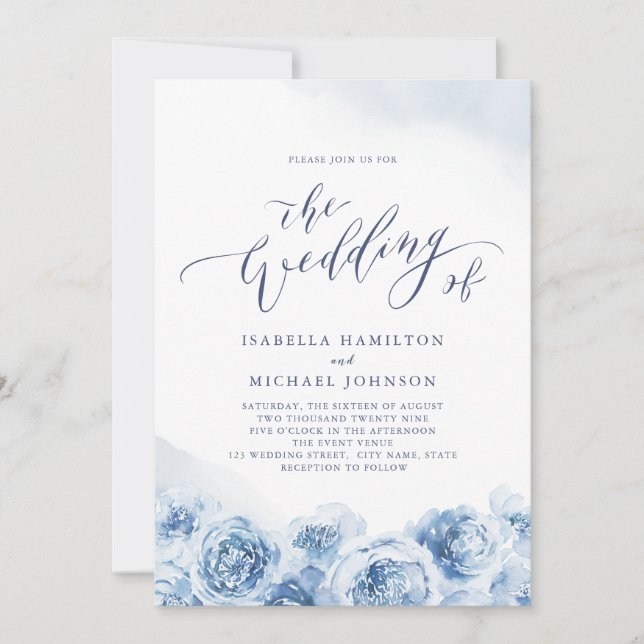 Invitación Elegante caligrafía polvoriento boda floral azul (Anverso)