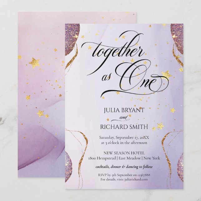 Invitación Elegante caligrafía Purpurina de oro Amethyst Mode (Anverso / Reverso)