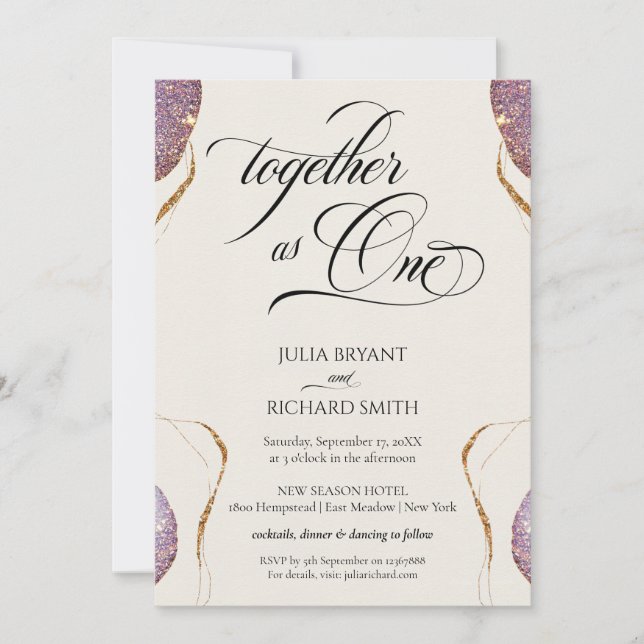 Invitación Elegante caligrafía Purpurina de oro Amethyst Mode (Anverso)