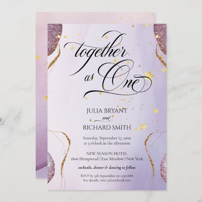 Invitación Elegante caligrafía Purpurina de oro Amethyst Mode (Anverso / Reverso)