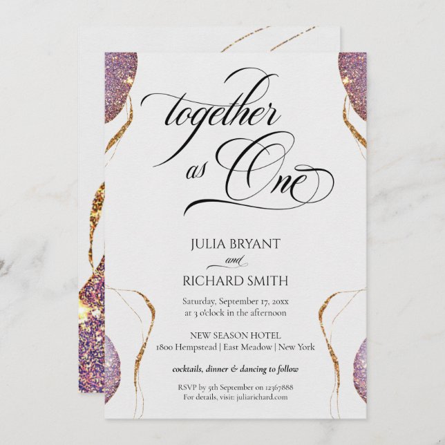 Invitación Elegante caligrafía Purpurina de oro Amethyst Mode (Anverso / Reverso)