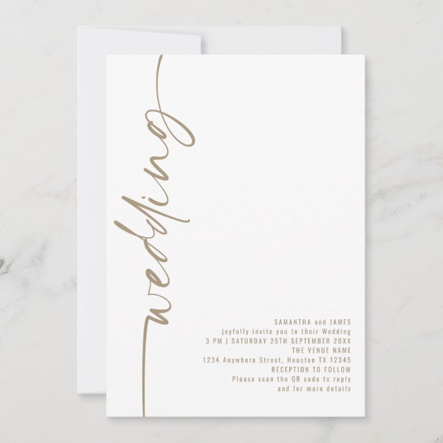 Invitación Elegante caligrafía QR Código Champagne Boda de or (Anverso)