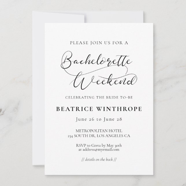 Invitación Elegante caligrafía romántica Bachelorette Weekend (Anverso)