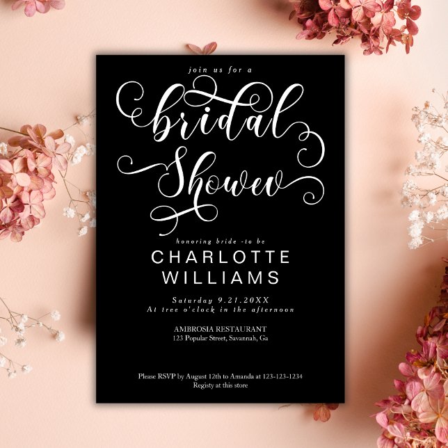 Invitación Elegante caligrafía romántica ducha de novia negra (Subido por el creador)
