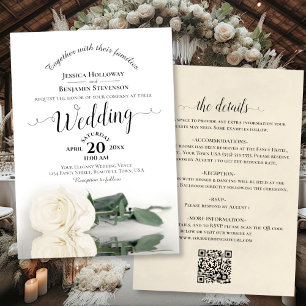 Invitación Elegante caligrafía Rosa blanca Boda de código QR
