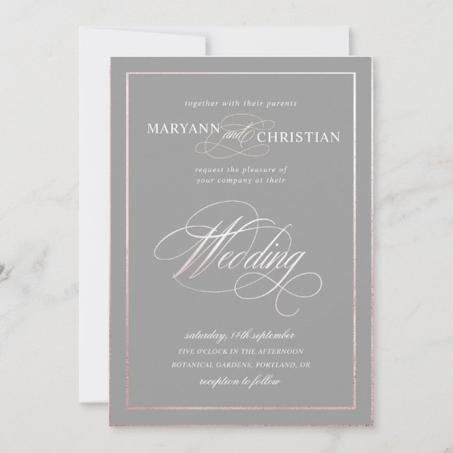 Invitación elegante caligrafía rosa gris boda (Anverso)