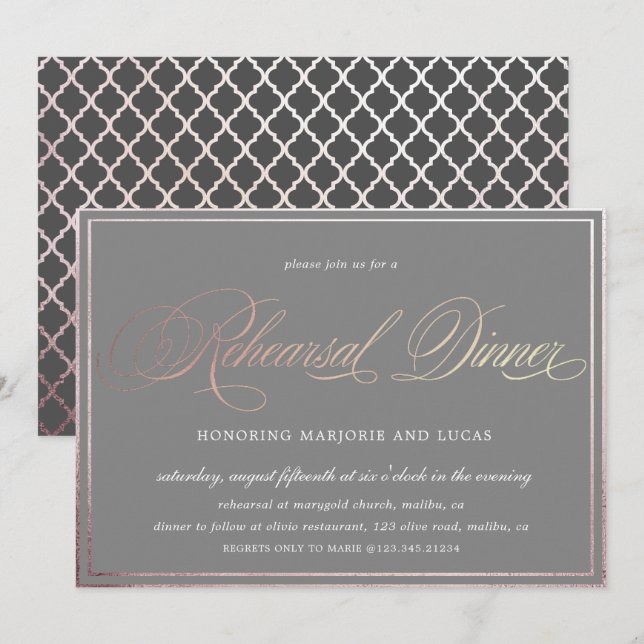 Invitación elegante caligrafía rosa oro Ensayo Cena (Anverso / Reverso)