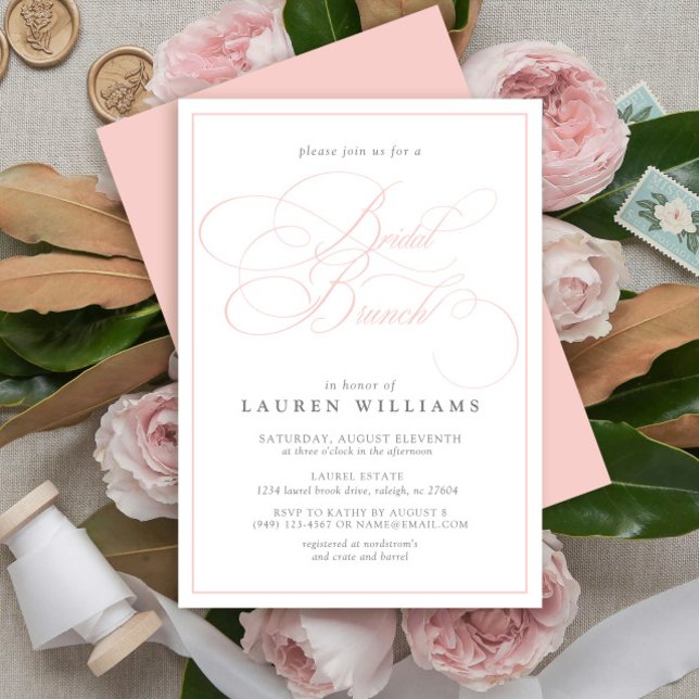 Invitación Elegante caligrafía rosada Brunch formal de novias (Subido por el creador)