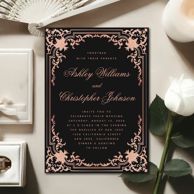 Invitación Elegante caligrafía rosada negra Boda vintage (Subido por el creador)