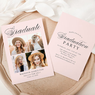 Invitación Elegante caligrafía Rubor 4 Photo Graduation Party