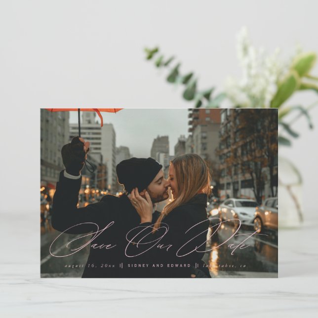 Invitación Elegante Caligrafía Salven La Foto De Fecha Rosa D (Anverso de pie)